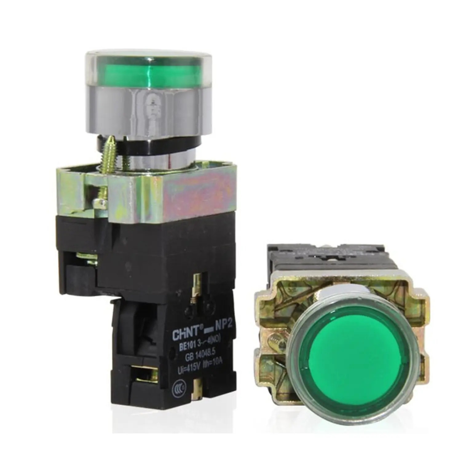 Pulsador luminoso verde, metalico, led 220Vac, 1NA, IP40, NP2 - Chint - 2506111CH